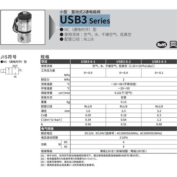 CKD喜開理多種流體小型直動(dòng)式2通電磁閥USB3-6-1-D-DC12V