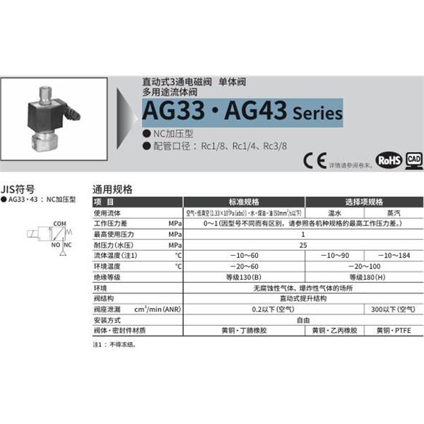 CKD喜開理多種流體直動式2通電磁集成閥AG33-02-2-AC100V