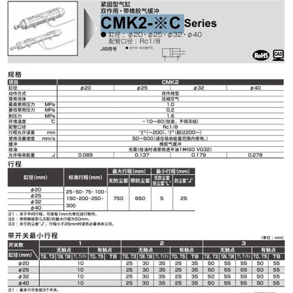 CKD喜開理緊固型氣缸CMK2-FB-32C-600-T5V-T-VB2